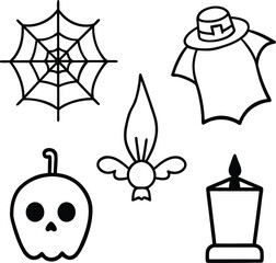 Spooky Halloween Icons: Pumpkin, Spiderweb, Pilgrim Hat, Flame, and Lantern