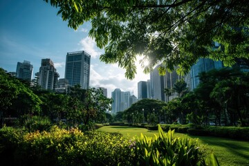 Fototapeta premium A lush green city park with vibrant plants and trees, surrounded by tall modern skyscrapers under a bright blue sky
