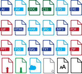 Set of web file icons of AI, AVI, DOC,EPS,EXE, GIF, HTML, JPG, HAR, MP3, PPT,PDF, SVG,TXT,XLS and...
