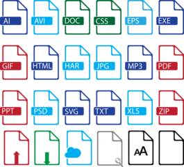 Set of web file icons of AI, AVI, DOC,EPS,EXE, GIF, HTML, JPG, HAR, MP3, PPT,PDF, SVG,TXT,XLS and ZIP FOR graphics