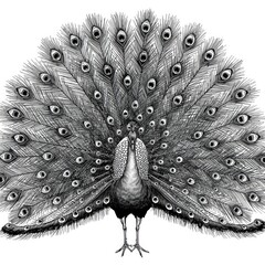 Intricate black and white engraving of a majestic peacock displaying its elaborate fanned tail feathers © MdKarvin