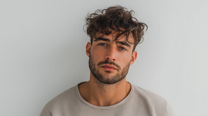 Obraz premium Portrait of bearded young man in casual t-shirt, soft lighting on white background