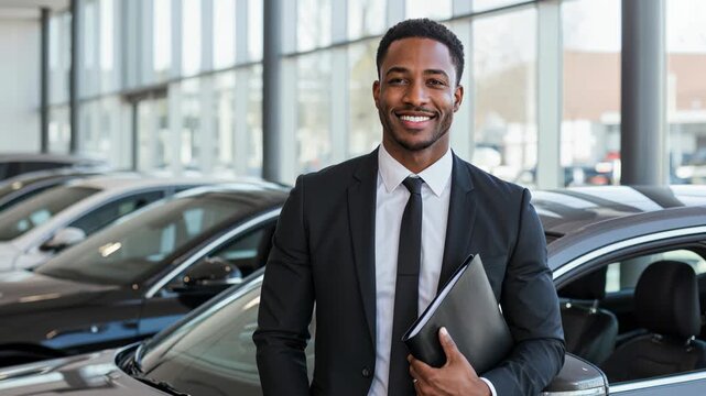 Confident car salesman in suit standing next to new vehicle inside modern dealership showroom.