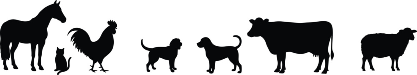 Silhouettes of farm and pet animals, horse, rooster, dog, cat, cow, sheep, domestic animals, farm life collectionSilhouettes of farm and pet animals, horse, rooster, dog, cat, cow, sheep, domestic ani