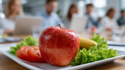 Healthy snacks with apple and vegetables served during a corporate meeting in a modern office setting