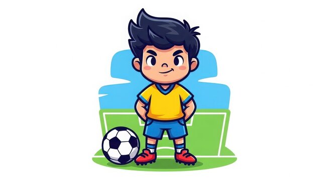 Adorable cartoon boy with spiky hair wearing a yellow jersey and blue shorts stands proudly on a soccer field with a ball