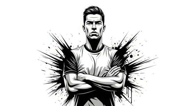 Intense black and white illustration of a determined athlete with arms crossed and energetic splatter background