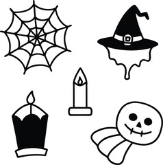 Spooky Halloween Icons: Witch Hat, Spiderweb, Candles, and Skull Character
