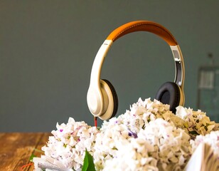 Headphones on a bouquet of flowers
