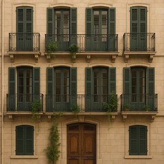 Obraz premium Charming European building facade with green shutters and wrought iron balconies perfect for travel brochures or architectural designs featuring old world elegance and appeal