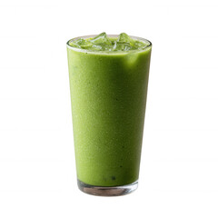 A refreshing green smoothie in a clear glass filled with ice, perfect for a healthy beverage choice, bright green color, and appealing texture.