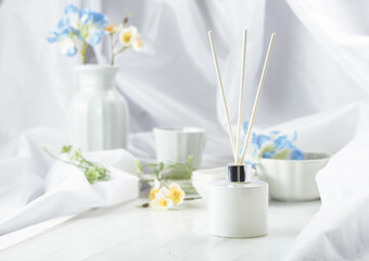 Aromatic scent of reed diffuser white glass bottle.