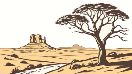 Illustration of a desert landscape with a tree and monument valley