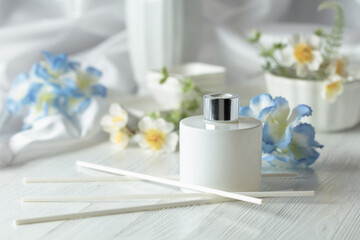 Aromatic scent of reed diffuser white glass bottle.
