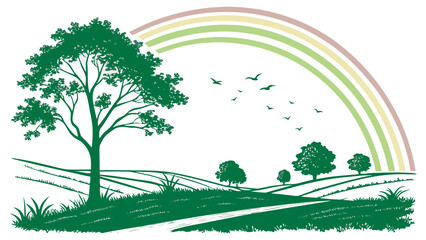 Obraz premium Illustration of a peaceful countryside with green hills, trees, a soft rainbow, and birds in the sky