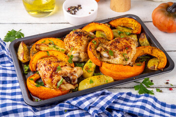 Roasted baked chicken thigh with pumpkin and potato wedges, garlic and aromatic herbs. Tasty autumn comfort food, ideas for Thanksgiving family dinner