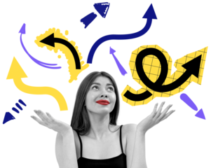 Woman with red lips shrugging, surrounded by hand-drawn colorful arrows, collage style on white background. Concept of confusion, choice, direction