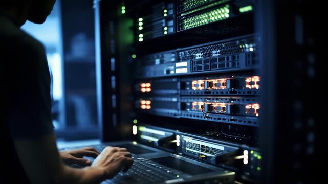 IT technician working with server rack in a data center managing hardware network technology