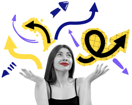Woman with red lips shrugging, surrounded by hand-drawn colorful arrows, collage style on white background. Concept of confusion, choice, direction - Powered by Adobe