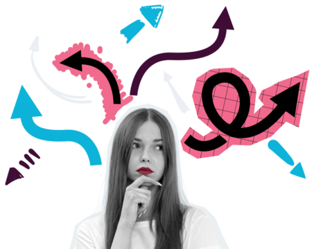 Woman thinking with hand on chin, surrounded by colorful arrows in abstract collage style on white background, concept of confusion or decision making
