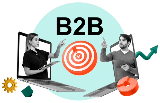 Two professionals emerging from laptops interacting with a red target symbol, in a collage style on a light blue background, representing B2B communication