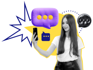 Woman holding smartphone taking selfie, surrounded by textured speech bubbles and abstract elements, isolated on white background, concept of communication