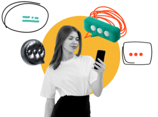 Woman in white shirt looking at smartphone, surrounded by colorful cartoon speech bubbles, hand-drawn elements on white with orange circle background