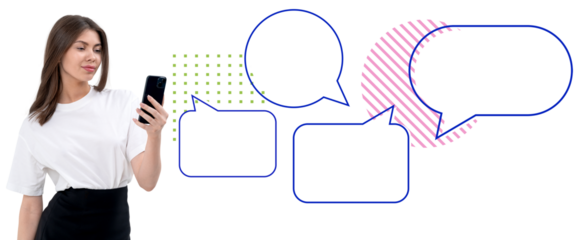 Woman holding a phone and looking at screen with multiple outlined speech bubbles and decorative graphic shapes, isolated on white background