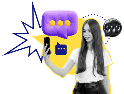 Woman holding smartphone taking selfie, surrounded by textured speech bubbles and abstract elements, isolated on white background, concept of communication