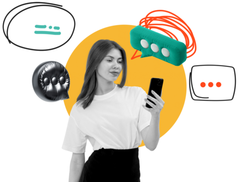 Woman in white shirt looking at smartphone, surrounded by colorful cartoon speech bubbles, hand-drawn elements on white with orange circle background
