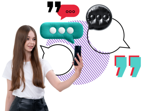 Woman holding phone for selfie, surrounded by speech bubbles and colorful quote icons, minimal graphic style, isolated on white background, concept of digital communication