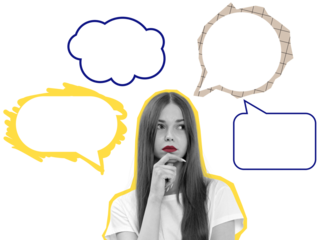 Thoughtful woman in white shirt with colorful outlined speech bubbles around her, modern collage style on white background, concept of communication and ideas