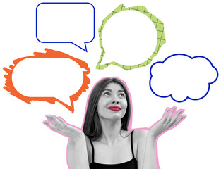 Woman with pink outline looking up surrounded by colorful speech bubbles, pop art style on white background, concept of communication and creativity