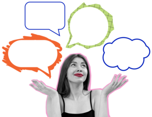 Woman with pink outline looking up surrounded by colorful speech bubbles, pop art style on white background, concept of communication and creativity