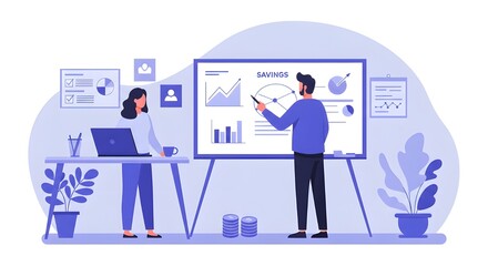 Financial Planner Using Whiteboard To Illustrate Savings Strategies In Modern Office, Professional Advisor Explaining Investment Plans, Wealth Management Guidance, And Money Planning Success