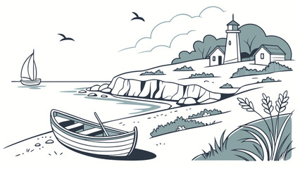 Vector art of monochrome illustration of a picturesque beach with a lighthouse and boats, capturing the essence of coastal charm and maritime heritage