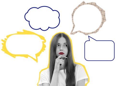 Thoughtful woman in white shirt with colorful outlined speech bubbles around her, modern collage style on white background, concept of communication and ideas - Powered by Adobe