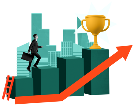 Businessman ascending chart bars with briefcase, isolated collage style on white background, representing ambition, success, and achievement in career