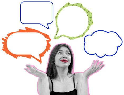 Woman with pink outline looking up surrounded by colorful speech bubbles, pop art style on white background, concept of communication and creativity