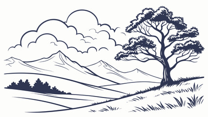 Vector art of scenic landscape illustration featuring a tree, mountains, clouds, and rolling hills in a serene setting