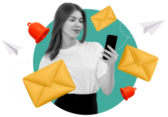 Woman looking at smartphone with yellow envelopes, red bells, and paper planes around her, collage style on white background, concept of communication alerts