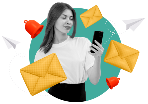 Woman looking at smartphone with yellow envelopes, red bells, and paper planes around her, collage style on white background, concept of communication alerts