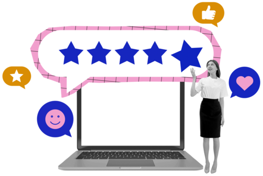 Five-star review concept with a woman near a laptop, colorful speech bubbles and icons around, collage style, isolated on a white background