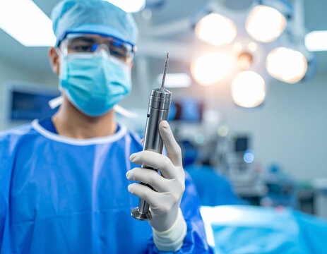 Surgeon Holding Surgical Drill in Operating Room, Wearing Mask and Gloves