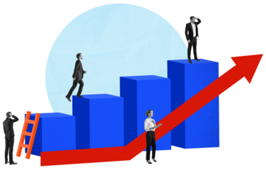 Business people on blue blocks with a red arrow showing growth, collage style on white background. Concept of career success and achievement progress