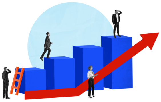 Business people on blue blocks with a red arrow showing growth, collage style on white background. Concept of career success and achievement progress - Powered by Adobe