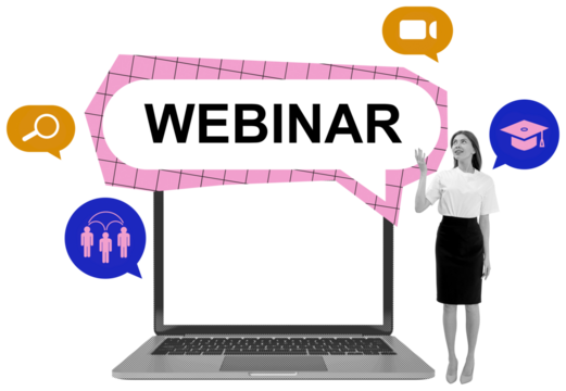Woman beside open laptop with WEBINAR speech bubble, surrounded by colorful communication and learning icons, collage style on white background