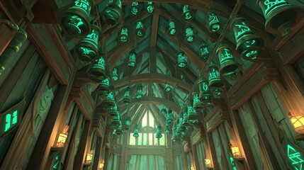 Obraz premium Wooden hall, teal bells, high ceiling