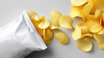 Crispy potato chips spilling from open white bag on light background, showcasing tempting snack scene. golden chips appear crunchy and inviting