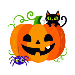 Smiling halloween jack o lantern with black cat and spider isolated on transparent background